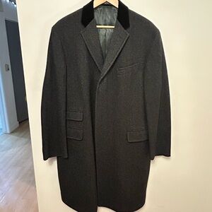Vintage Polo Ralph Lauren Charcoal Herringbone Wool Overcoat 46 Made in Italy